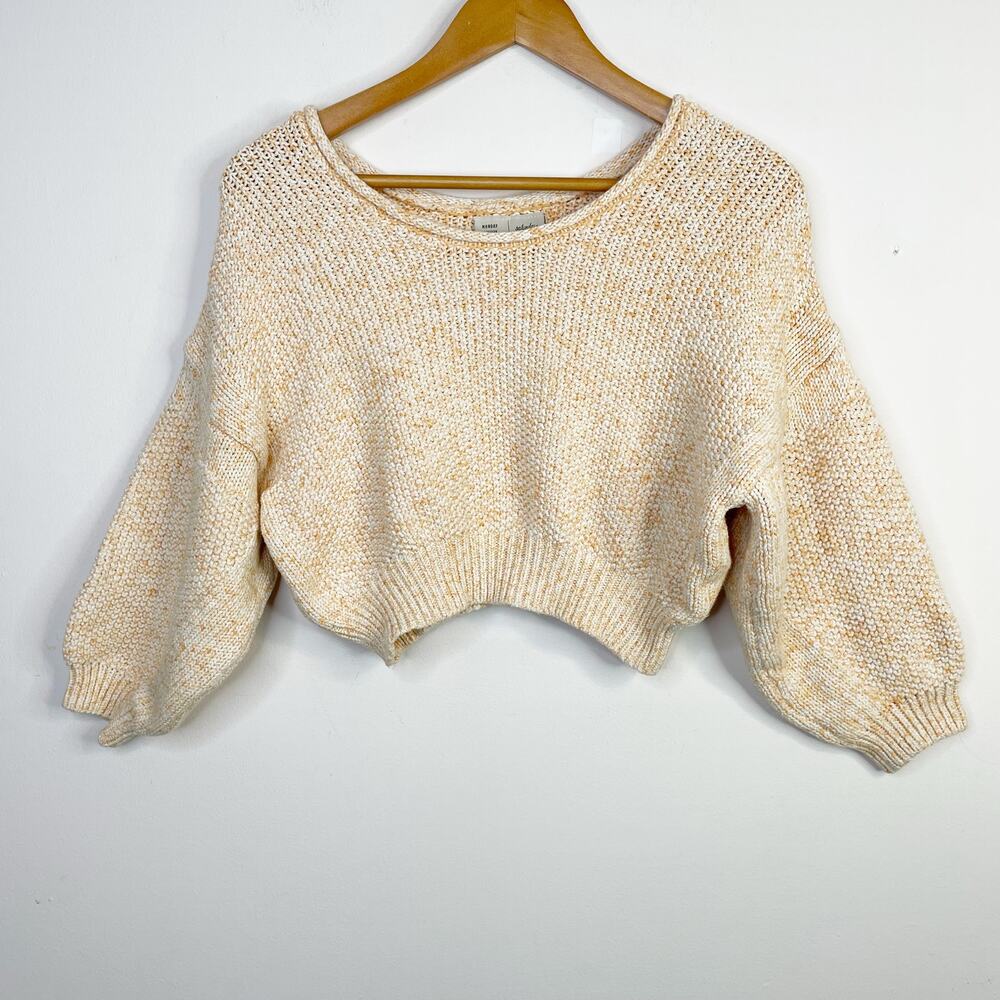 Anthropologie Off-the-Shoulder Cropped Sweater in Cream and Light Peach